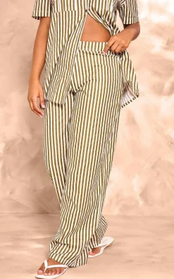 Olive Stripe Linen Look High Waisted Tailored Pants