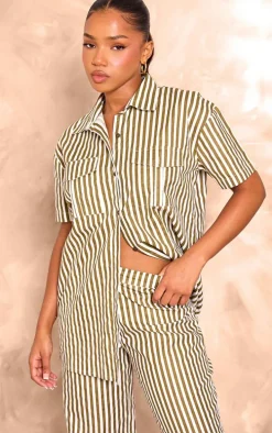 Olive Stripe Linen Look High Waisted Tailored Pants