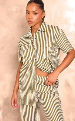 Olive Stripe Linen Look Pocket Front Short Sleeve Oversized Shirt