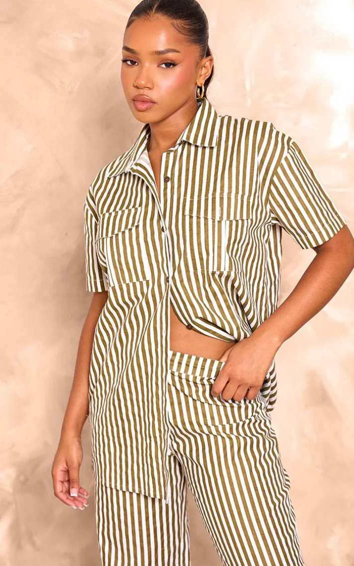 Olive Stripe Linen Look Pocket Front Short Sleeve Oversized Shirt