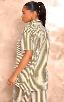Olive Stripe Linen Look Pocket Front Short Sleeve Oversized Shirt