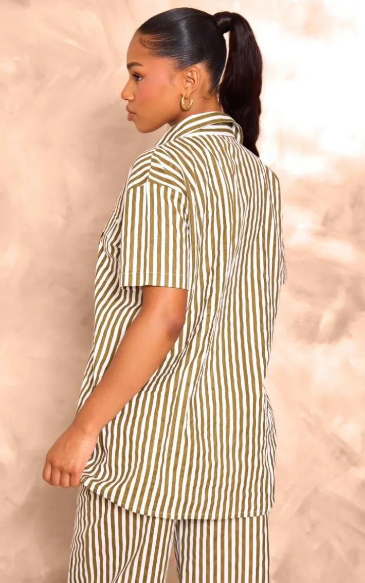 Olive Stripe Linen Look Pocket Front Short Sleeve Oversized Shirt