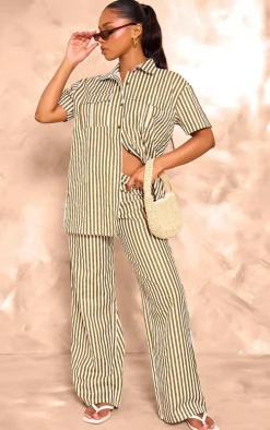 Olive Stripe Linen Look Pocket Front Short Sleeve Oversized Shirt