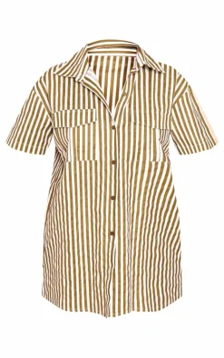 Olive Stripe Linen Look Pocket Front Short Sleeve Oversized Shirt