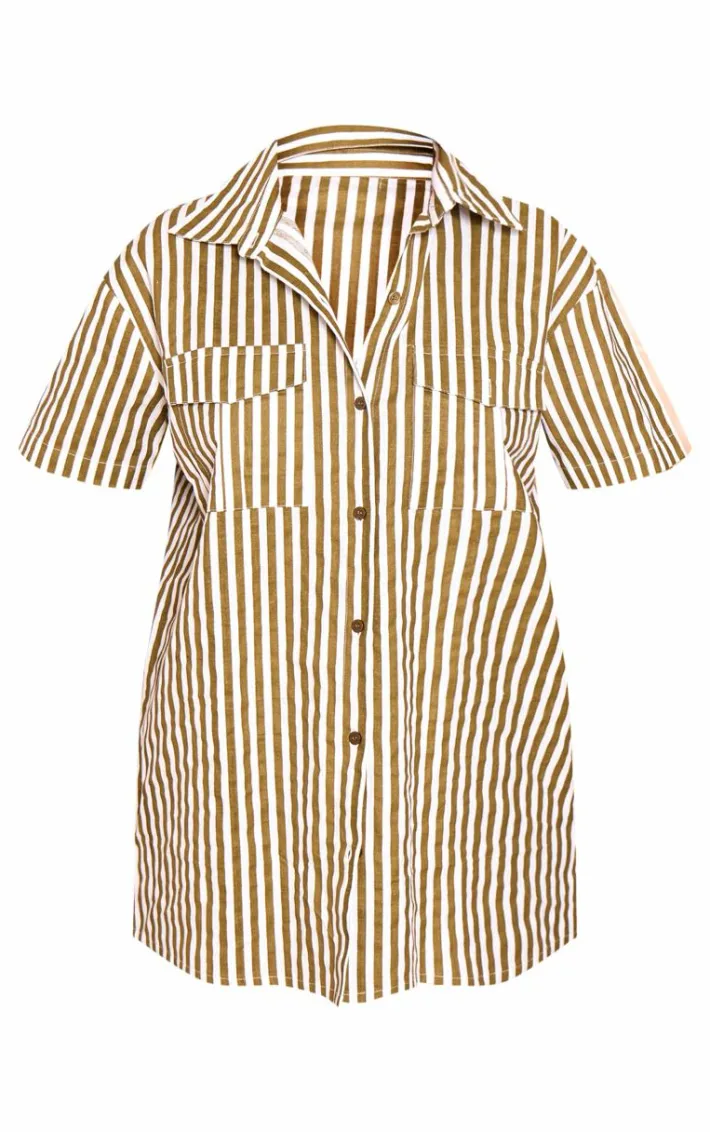 Olive Stripe Linen Look Pocket Front Short Sleeve Oversized Shirt