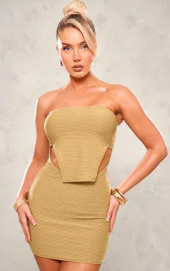 Olive Textured Bandeau Stirrup Hem Bodycon Dress
