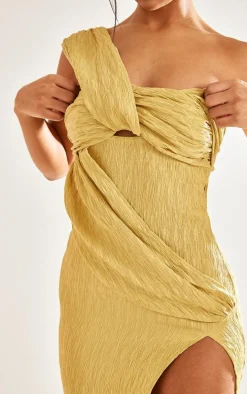 Olive Textured One Shoulder Drape Split Midaxi Dress
