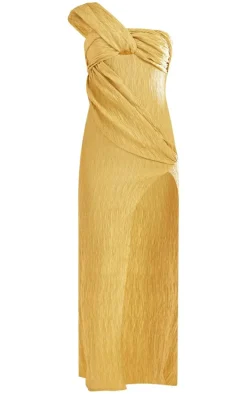 Olive Textured One Shoulder Drape Split Midaxi Dress