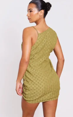 Olive Textured Plunge Knot Detail Bodycon Dress