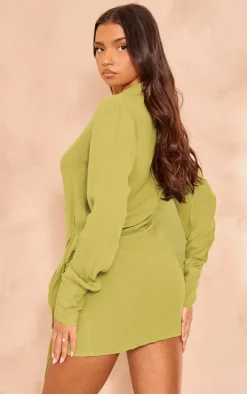 Olive Textured Plunge Wrap Shirt Dress