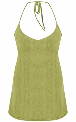 Olive Textured Tie Back Halterneck Shift Dress