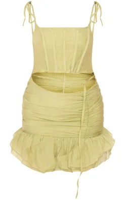 Olive Textured Tie Strap Corset Asymmetric Hem Bodycon Dress