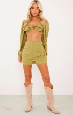 Olive Textured Woven Lace Up Side Tailored Shorts