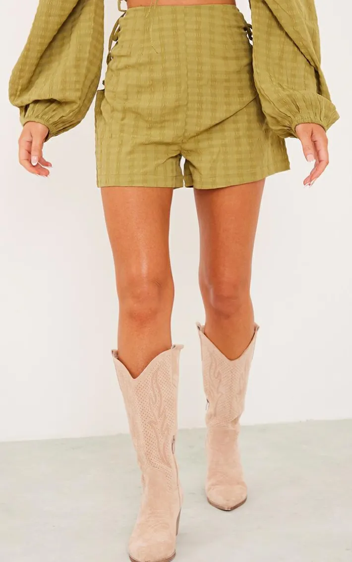 Olive Textured Woven Lace Up Side Tailored Shorts