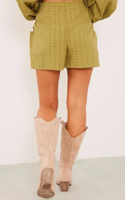 Olive Textured Woven Lace Up Side Tailored Shorts