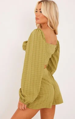 Olive Textured Woven Tie Front Balloon Sleeve Blouse