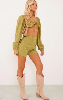 Olive Textured Woven Tie Front Balloon Sleeve Blouse