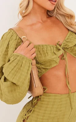 Olive Textured Woven Tie Front Balloon Sleeve Blouse