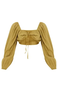 Olive Textured Woven Tie Front Balloon Sleeve Blouse