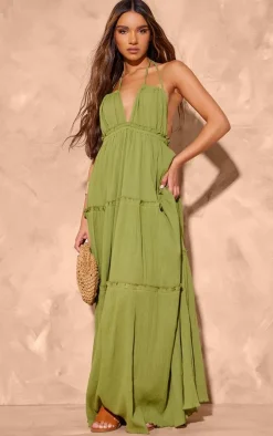 Olive Tiered Halterneck Maxi Dress
