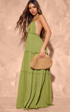 Olive Tiered Halterneck Maxi Dress