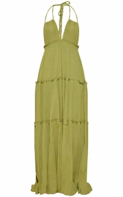 Olive Tiered Halterneck Maxi Dress