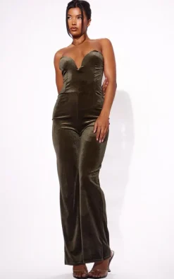 Olive Velvet V Bar Bandeau Jumpsuit