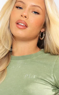 Olive Washed Cotton Longline Fitted T-Shirt