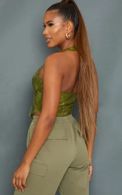 Olive Washed Faux Leather Lace Up Plunge Halterneck Top