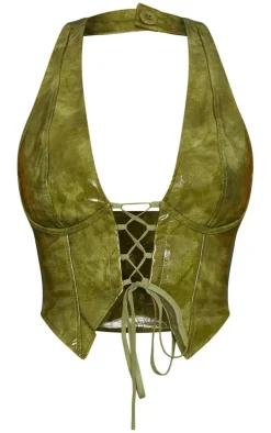Olive Washed Faux Leather Lace Up Plunge Halterneck Top