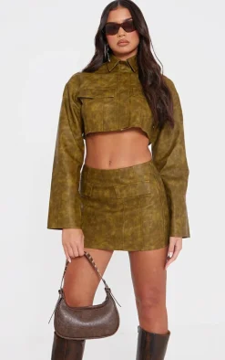 Olive Washed Faux Leather Boxy Cropped Pocket Detail Jacket