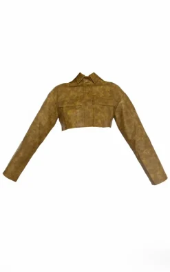 Olive Washed Faux Leather Boxy Cropped Pocket Detail Jacket