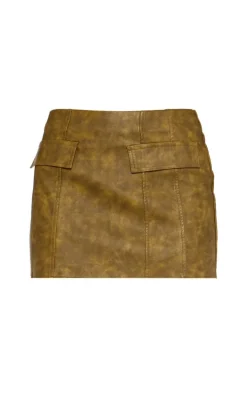 Olive Washed Faux Leather Pocket Detail Low Rise Micro Mini Skirt