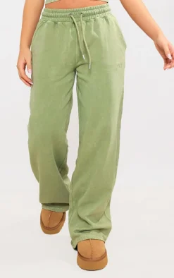 Olive Washed Oversized Low Rise Wide Leg Sweatpants