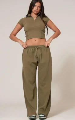 Olive Washed Rib Panel Wide Leg Sweatpants