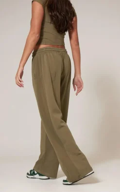 Olive Washed Rib Panel Wide Leg Sweatpants
