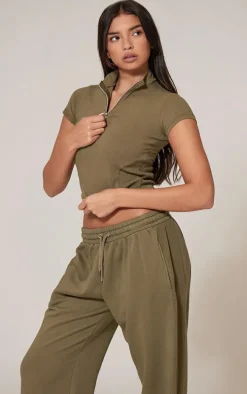 Olive Washed Zip Up Rib Panel Top