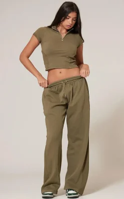 Olive Washed Zip Up Rib Panel Top