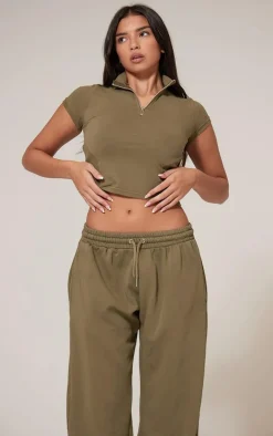 Olive Washed Zip Up Rib Panel Top