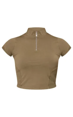 Olive Washed Zip Up Rib Panel Top