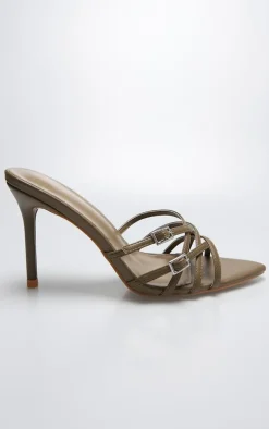 Olive Wide Fit PU Point Toe Cross Strap Buckle Heeled Mules