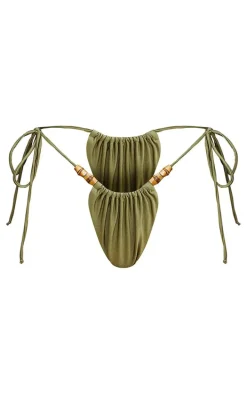 Olive Wooden Bead Ruched Tie Side Bikini Bottoms