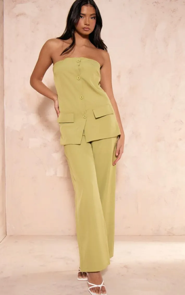 Olive Woven Bandeau Button Detail Tailored Wide Leg Jumpsuit