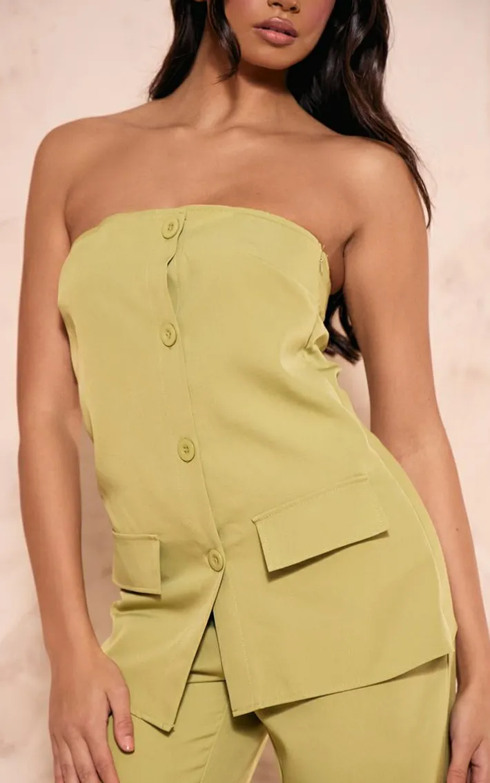 Olive Woven Bandeau Button Detail Tailored Wide Leg Jumpsuit