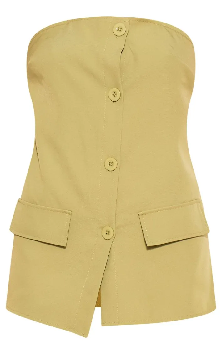 Olive Woven Bandeau Button Detail Tailored Wide Leg Jumpsuit