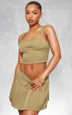 Olive Woven Fold Over Hem Pleated Mini Skirt