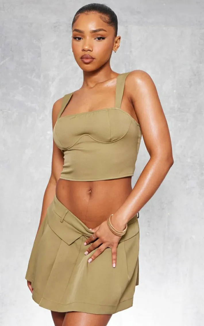 Olive Woven Fold Over Hem Pleated Mini Skirt