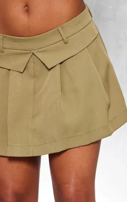 Olive Woven Fold Over Hem Pleated Mini Skirt