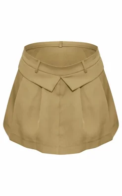 Olive Woven Fold Over Hem Pleated Mini Skirt