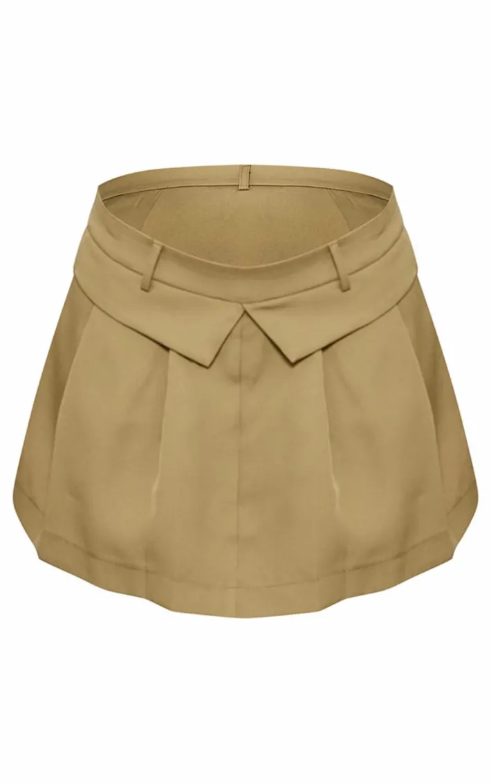Olive Woven Fold Over Hem Pleated Mini Skirt